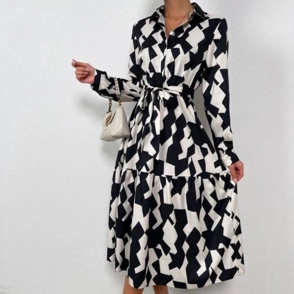 Black & white Geometric Pattern Belted Shirt Dress - Picture 7 of 9